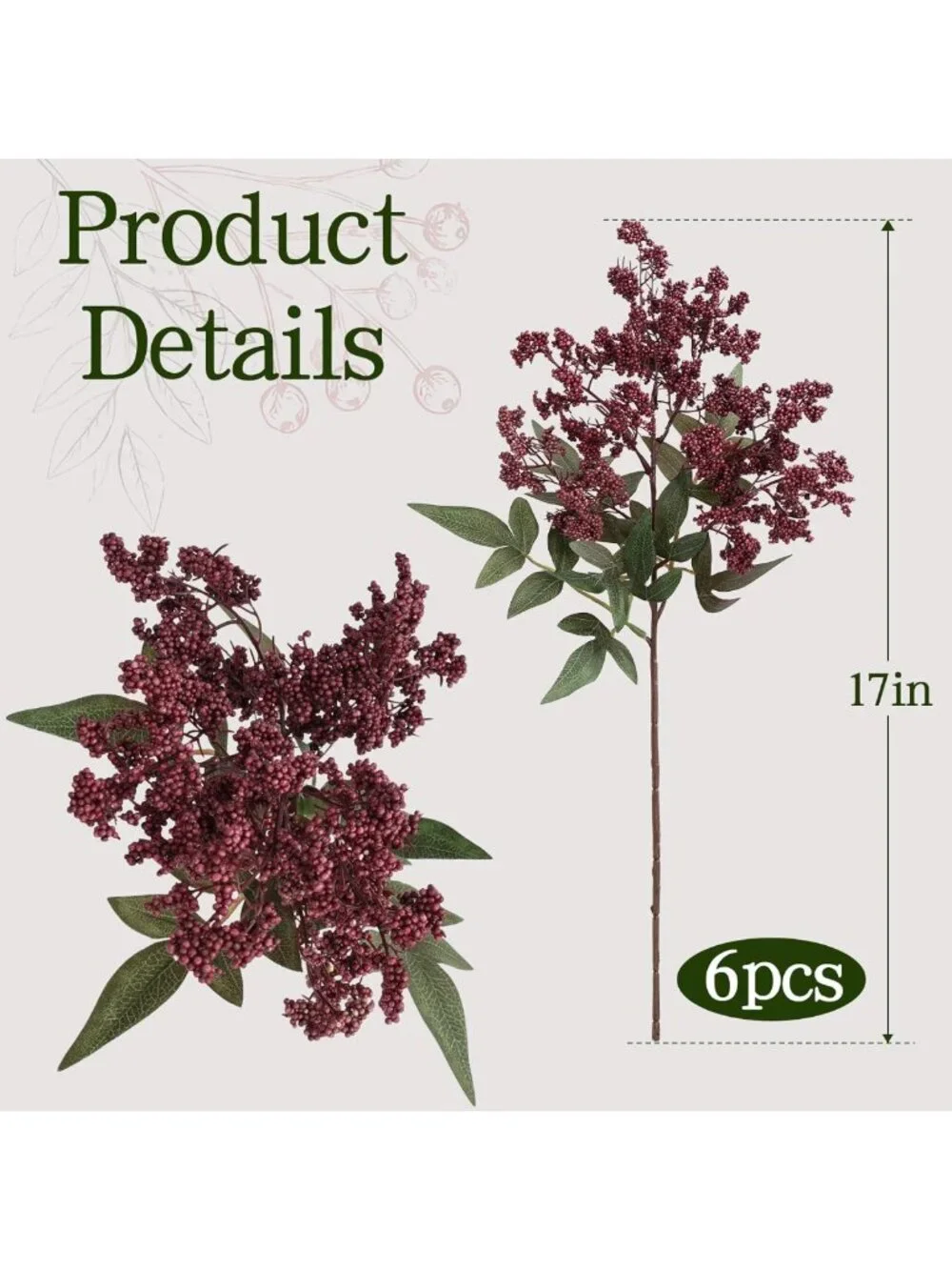 6 Pcs Burgundy Faux Nandina Berry Stems - 17'' Artificial Home Decor Branches